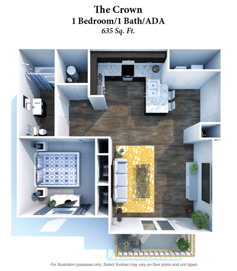 Floor plan for 1 bed, 1 bath, 635 sqft